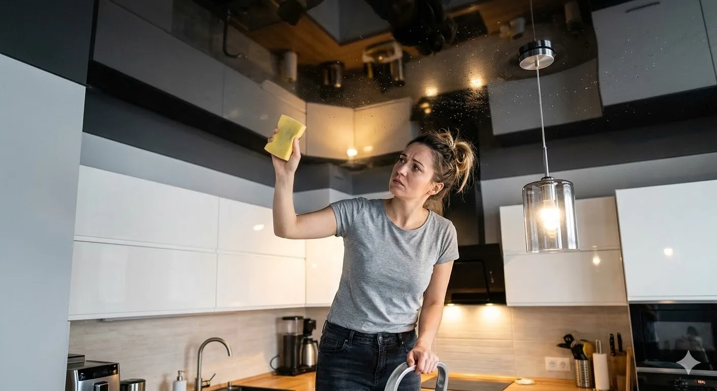 Nowoczesna kuchnia z białym matowym sufitem napinanym zamontowanym tuż nad linią szafek