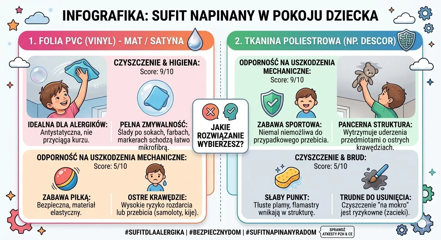 Nowoczesny pokój dziecięcy z bezpiecznym, matowym sufitem napinanym i oświetleniem punktowym